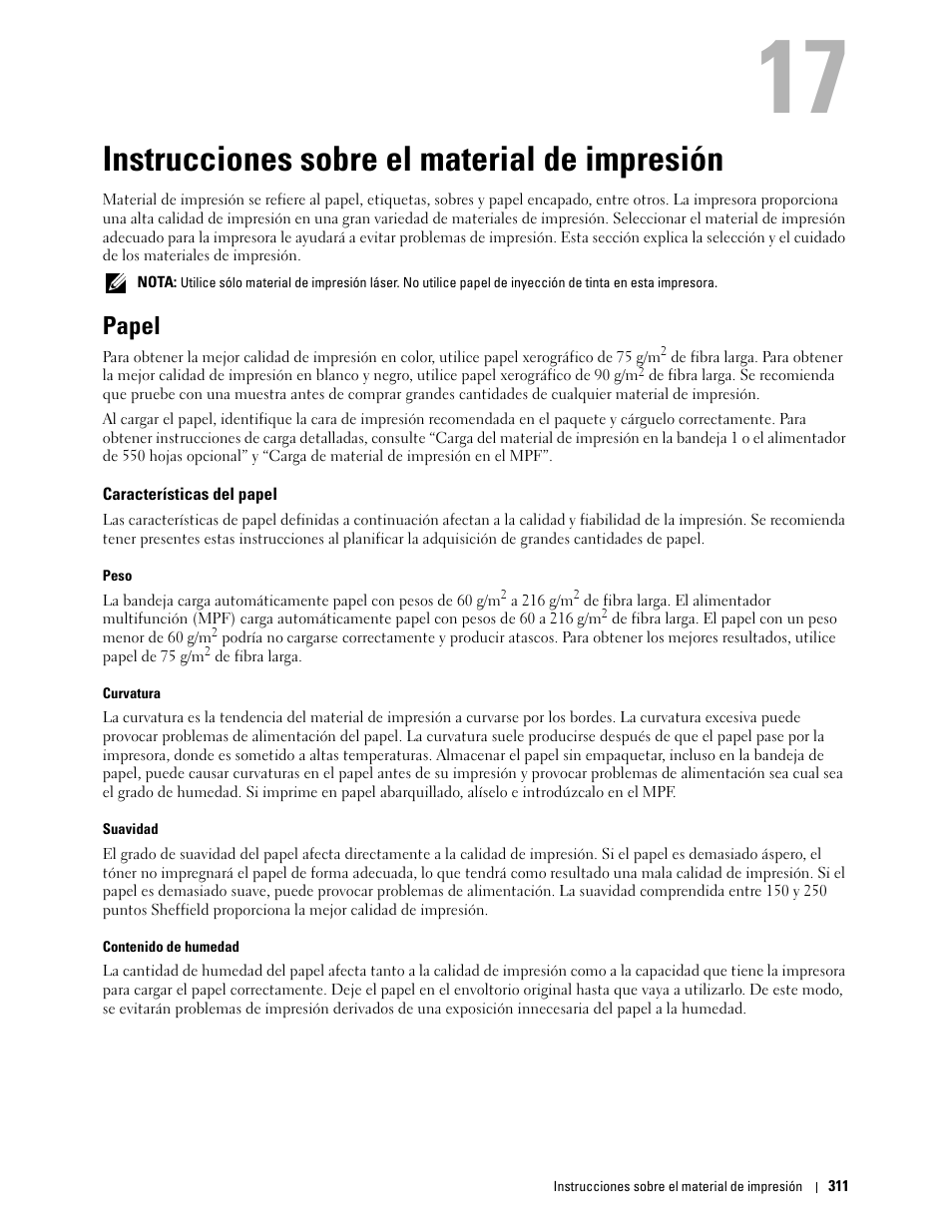 Instrucciones sobre el material de impresión, Papel, Características del papel | 17 instrucciones sobre el material de impresión | Dell C2665dnf Color Laser Printer User Manual | Page 313 / 614