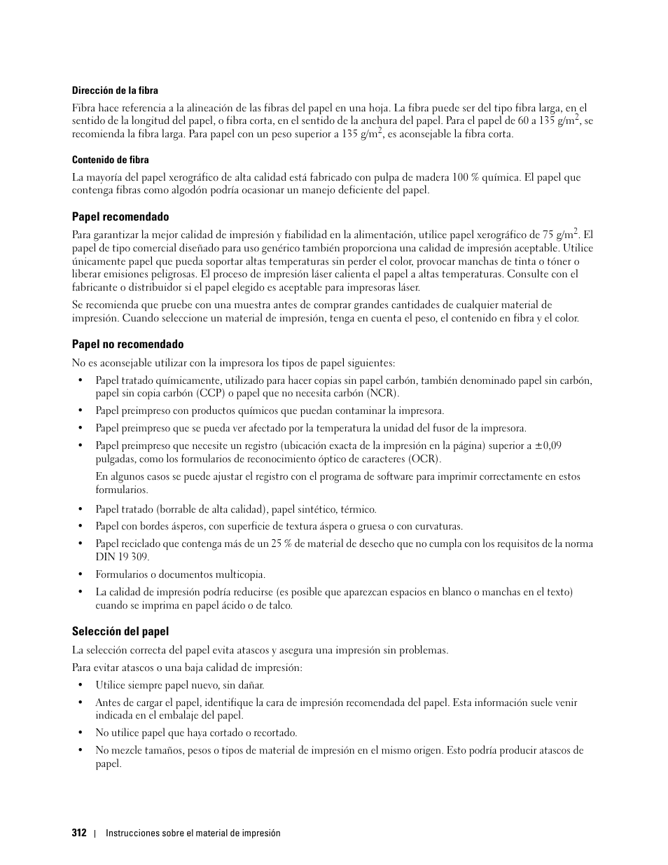 Papel recomendado, Papel no recomendado, Selección del papel | Dell C2665dnf Color Laser Printer User Manual | Page 314 / 614