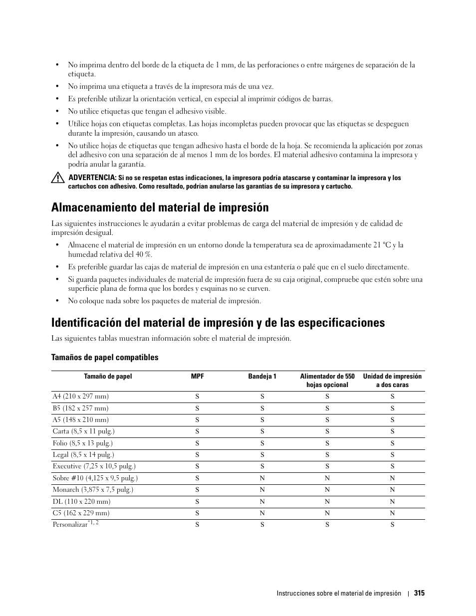 Almacenamiento del material de impresión, Tamaños de papel compatibles | Dell C2665dnf Color Laser Printer User Manual | Page 317 / 614