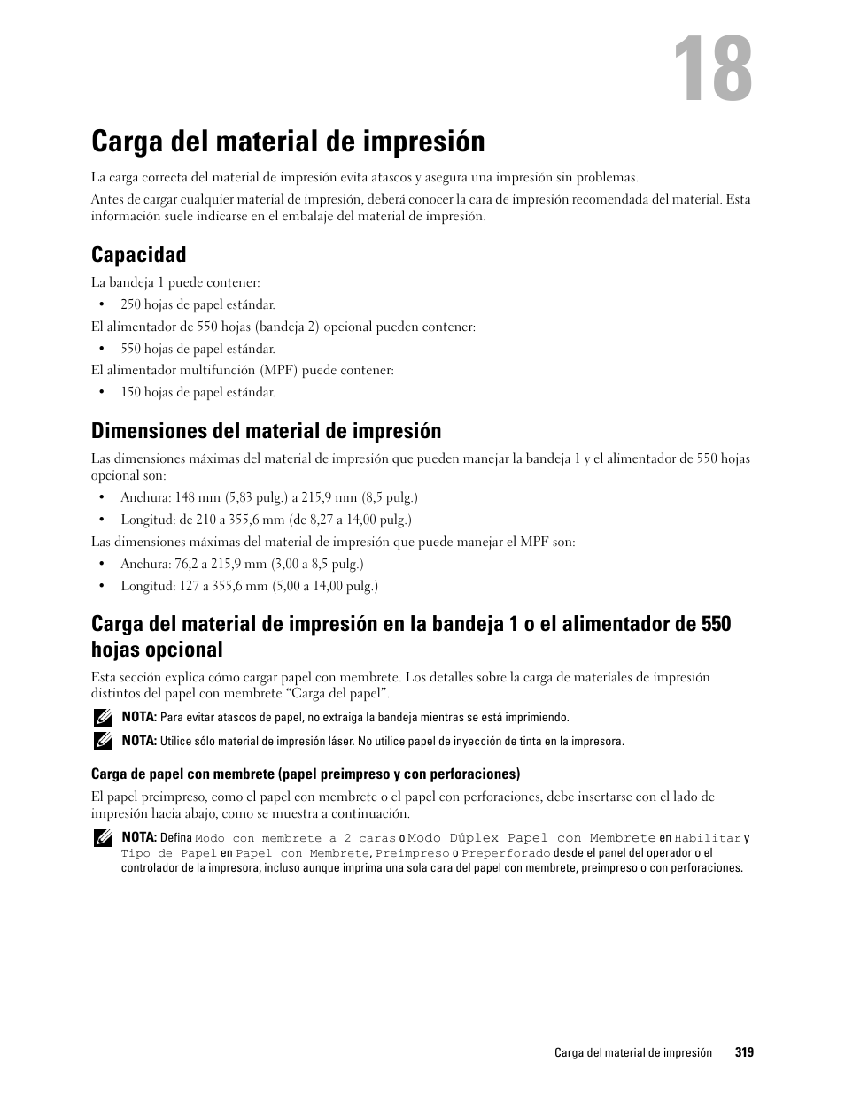 Carga del material de impresión, Capacidad, Dimensiones del material de impresión | 18 carga del material de impresión | Dell C2665dnf Color Laser Printer User Manual | Page 321 / 614