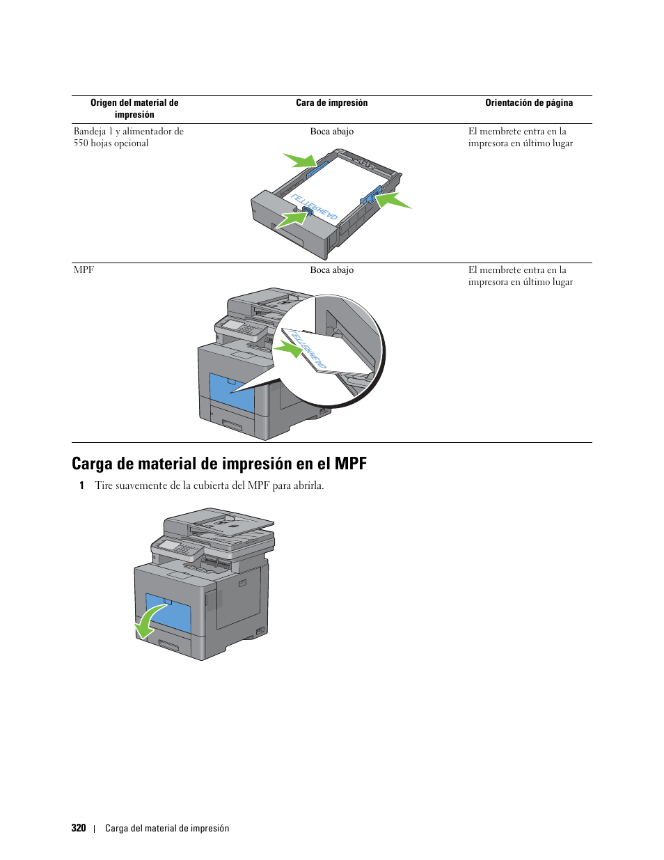 Carga de material de impresión en el mpf | Dell C2665dnf Color Laser Printer User Manual | Page 322 / 614