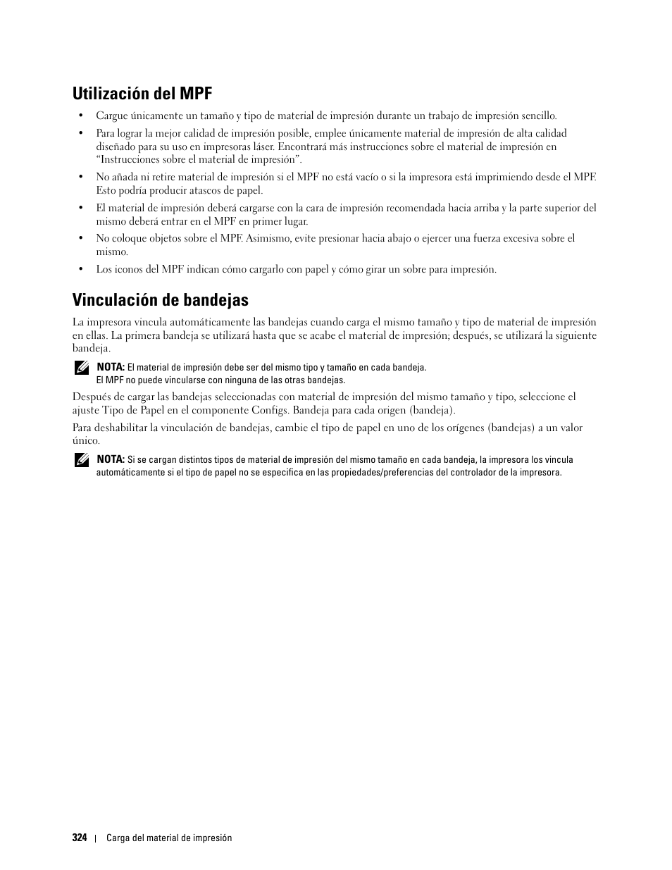 Utilización del mpf, Vinculación de bandejas | Dell C2665dnf Color Laser Printer User Manual | Page 326 / 614