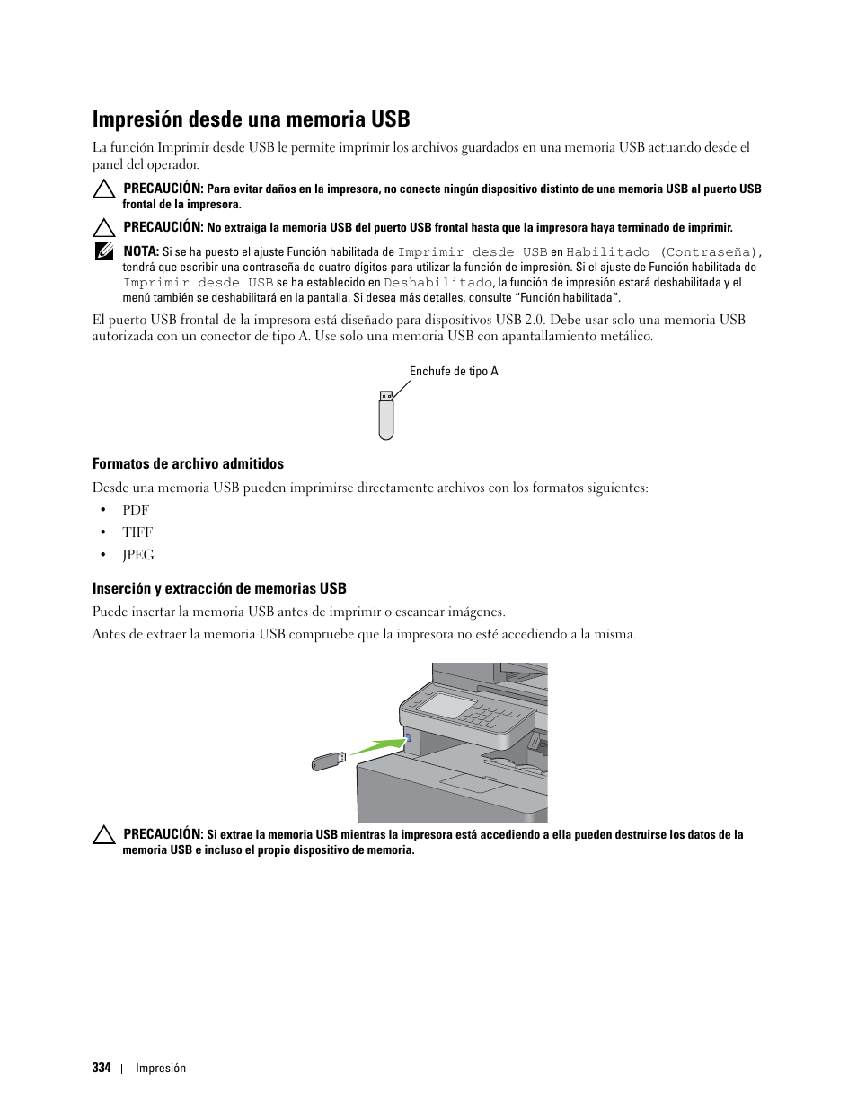 Impresión desde una memoria usb, Formatos de archivo admitidos, Inserción y extracción de memorias usb | Dell C2665dnf Color Laser Printer User Manual | Page 336 / 614