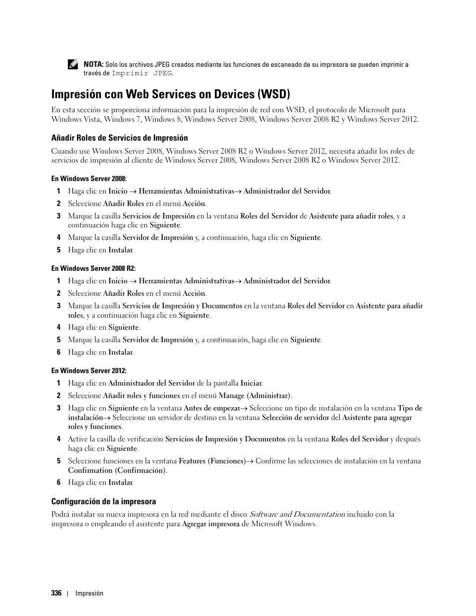 Impresión con web services on devices (wsd), Añadir roles de servicios de impresión, Configuración de la impresora | Dell C2665dnf Color Laser Printer User Manual | Page 338 / 614