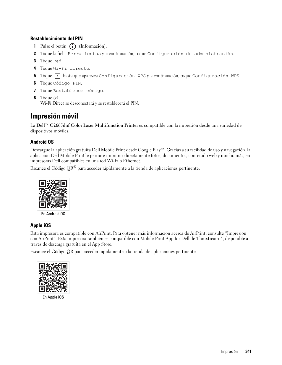 Restablecimiento del pin, Impresión móvil, Android os | Apple ios | Dell C2665dnf Color Laser Printer User Manual | Page 343 / 614