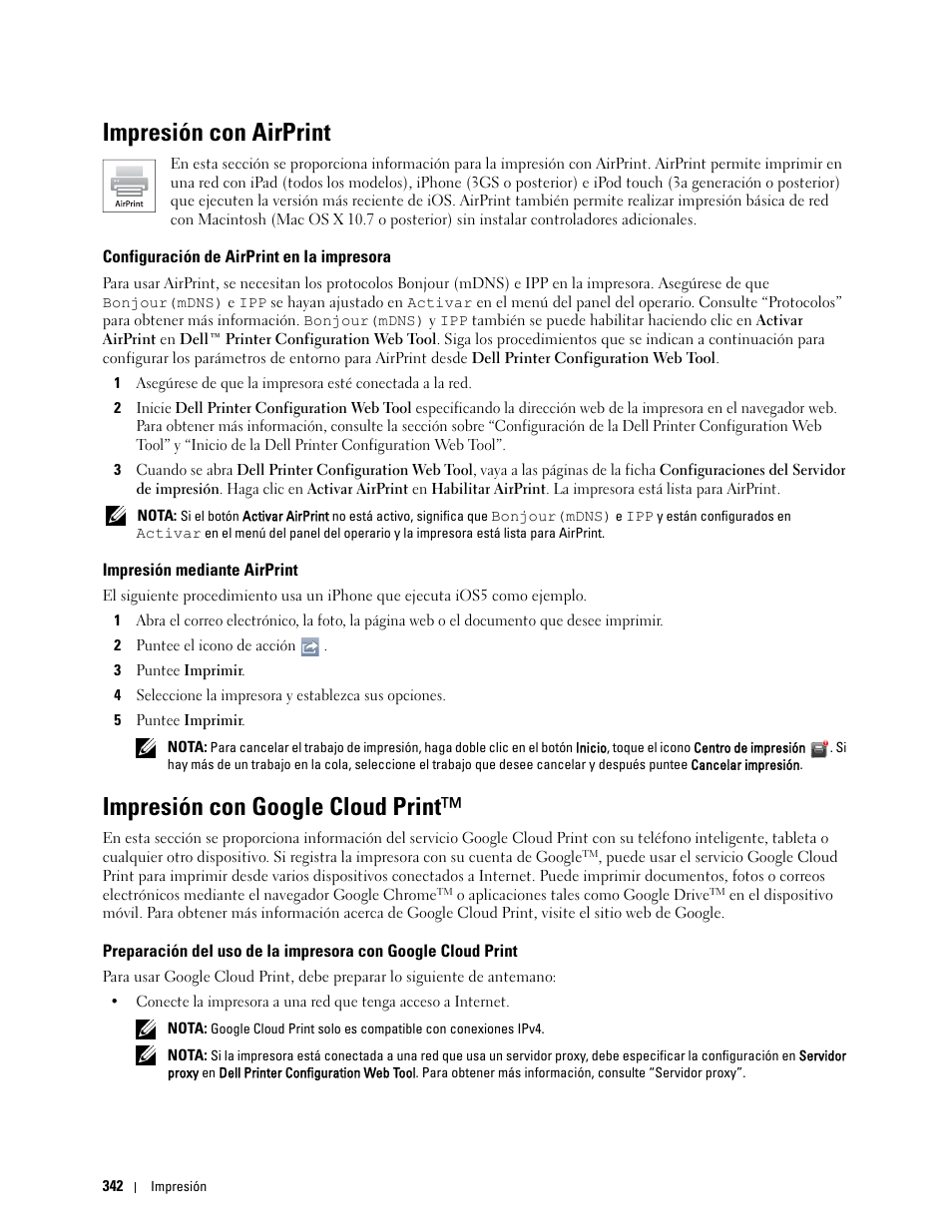 Impresión con airprint, Configuración de airprint en la impresora, Impresión mediante airprint | Impresión con google cloud print | Dell C2665dnf Color Laser Printer User Manual | Page 344 / 614