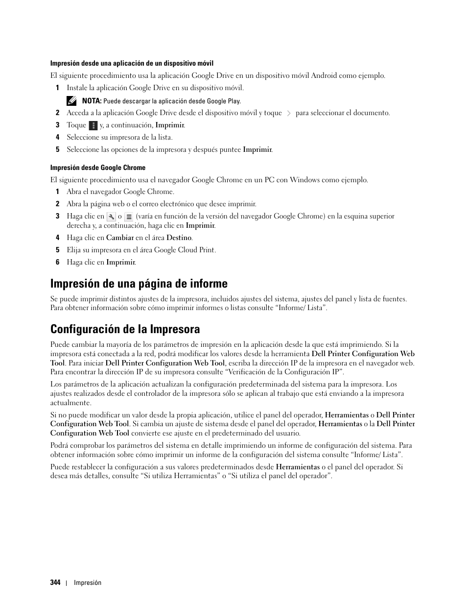 Configuración de la impresora, Impresión de una página de informe | Dell C2665dnf Color Laser Printer User Manual | Page 346 / 614