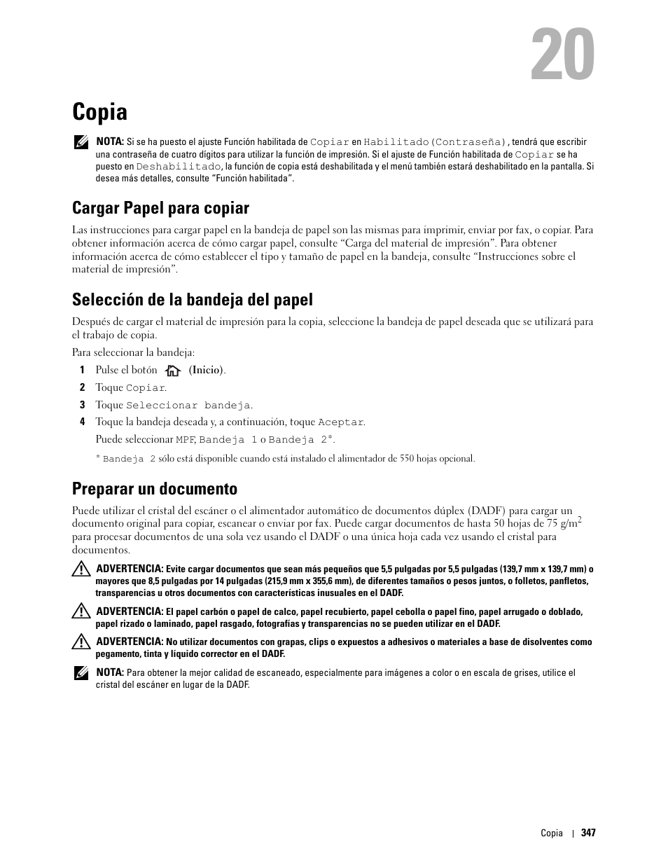 Copia, Cargar papel para copiar, Selección de la bandeja del papel | Preparar un documento, 20 copia | Dell C2665dnf Color Laser Printer User Manual | Page 349 / 614