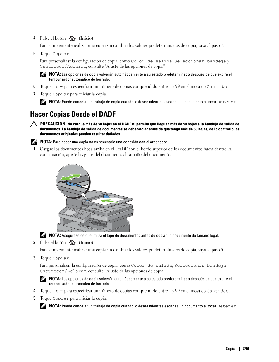 Hacer copias desde el dadf, Hacer copias desde el dadf (escanear | Dell C2665dnf Color Laser Printer User Manual | Page 351 / 614