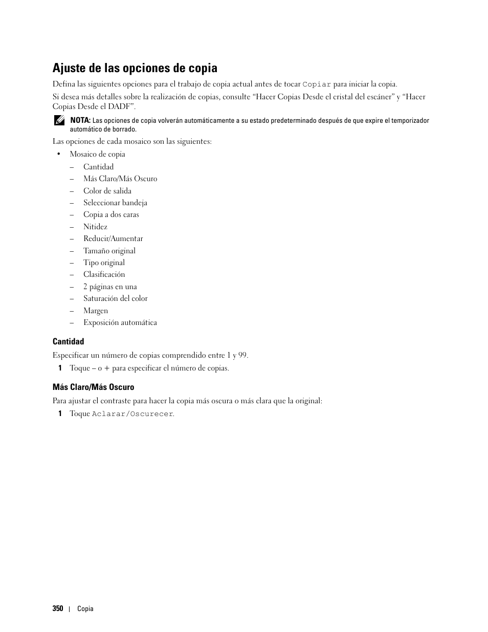 Ajuste de las opciones de copia, Cantidad, Más claro/más oscuro | Dell C2665dnf Color Laser Printer User Manual | Page 352 / 614