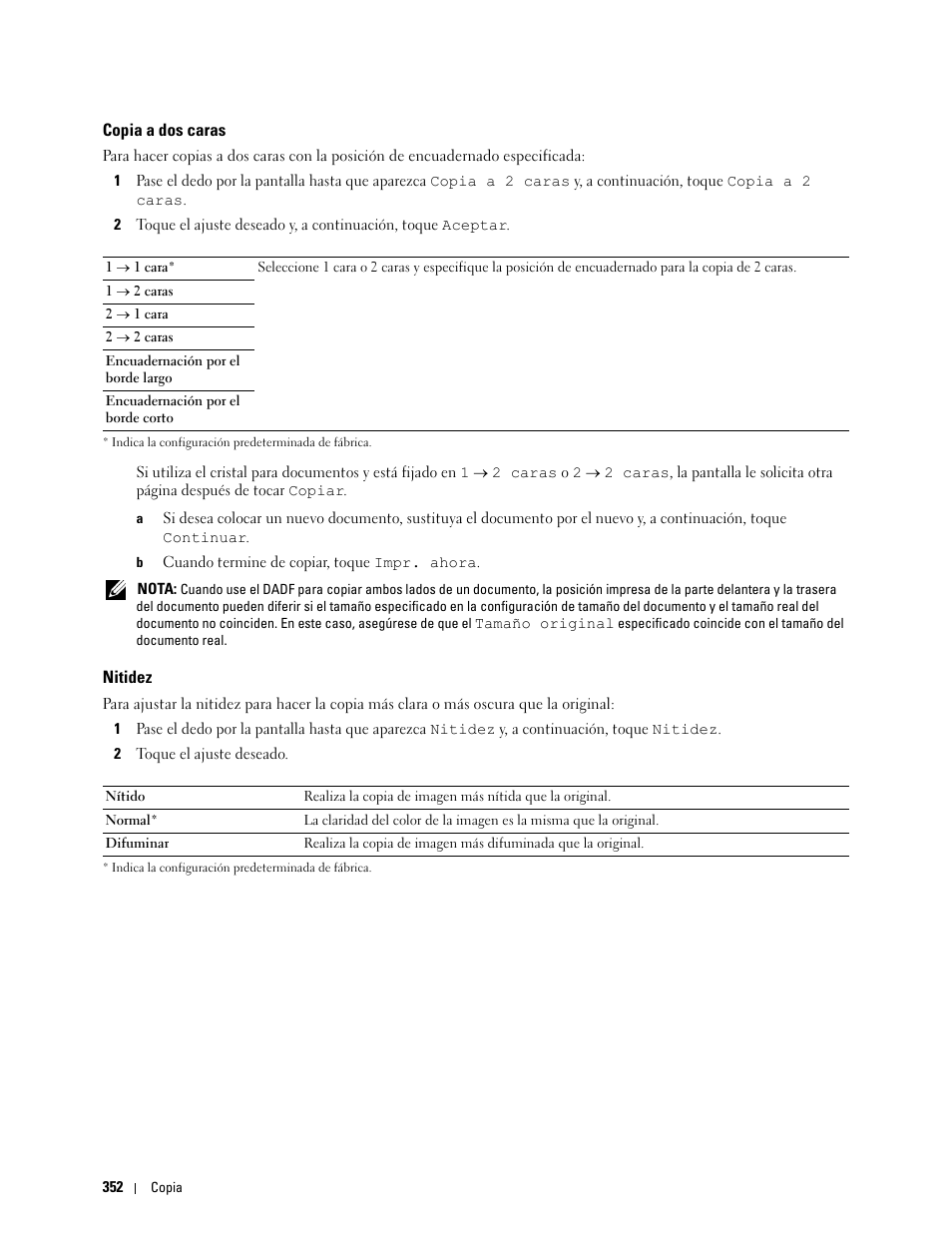 Copia a dos caras, Nitidez | Dell C2665dnf Color Laser Printer User Manual | Page 354 / 614