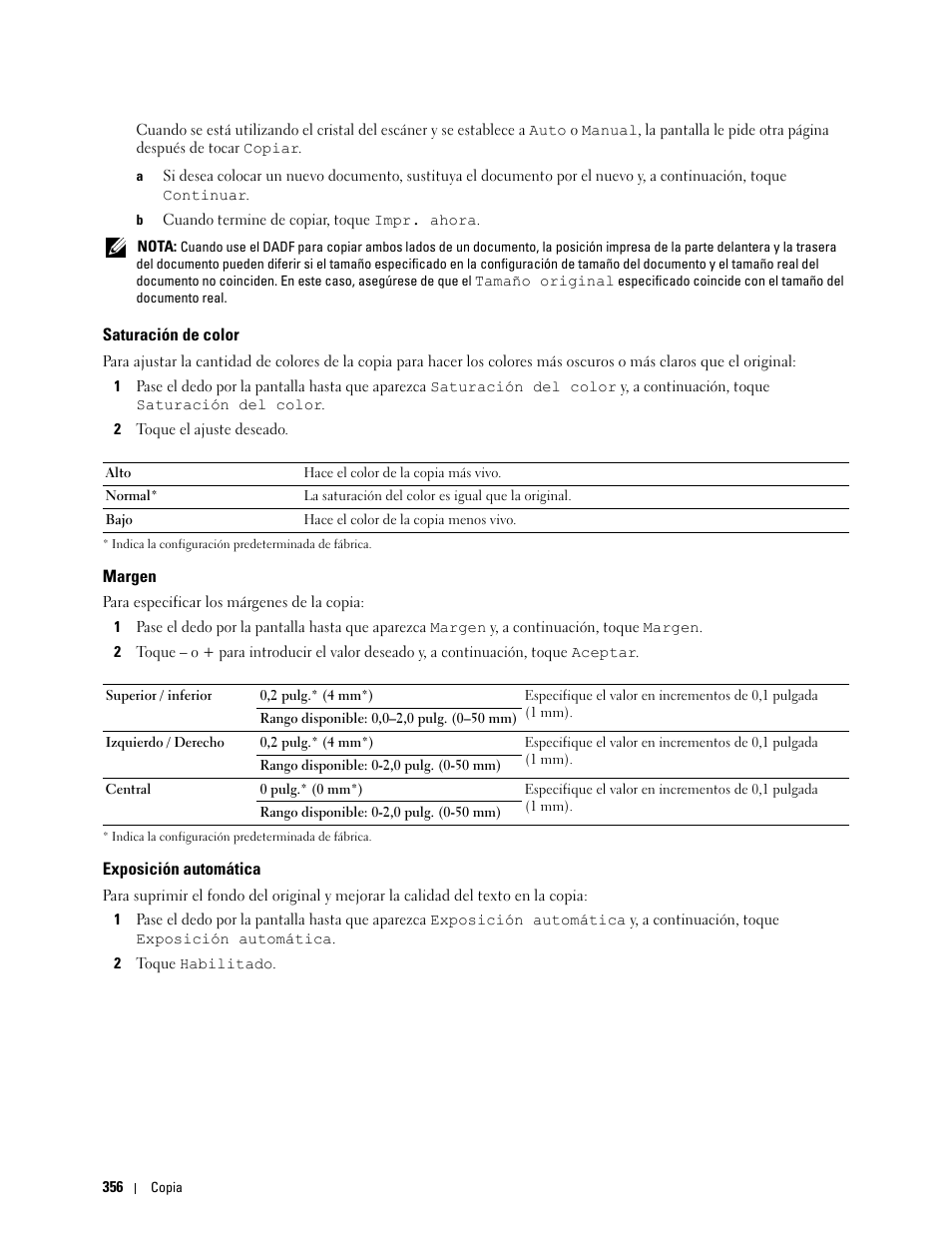 Saturación de color, Margen, Exposición automática | Dell C2665dnf Color Laser Printer User Manual | Page 358 / 614