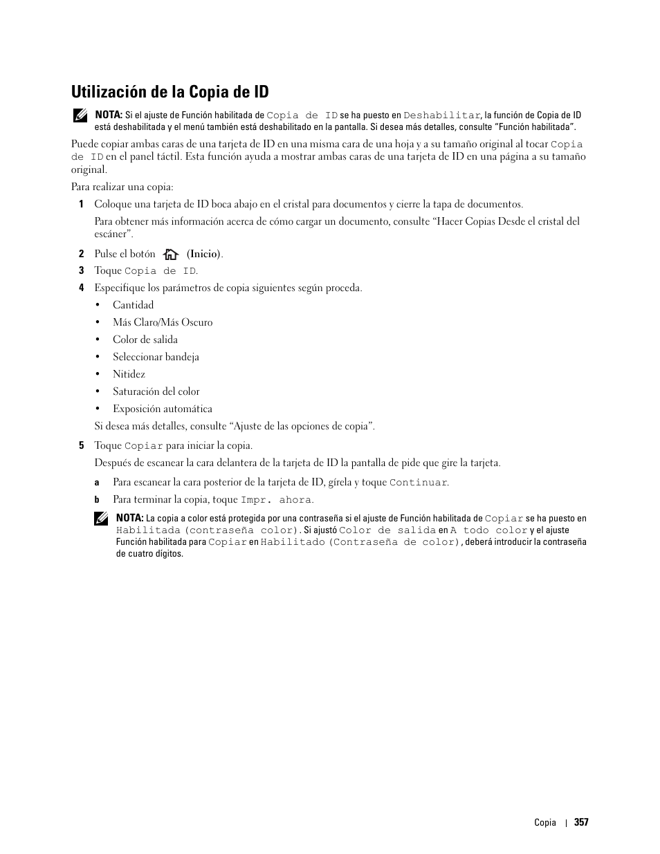 Utilización de la copia de id, Utilización de la copia de id (copi | Dell C2665dnf Color Laser Printer User Manual | Page 359 / 614