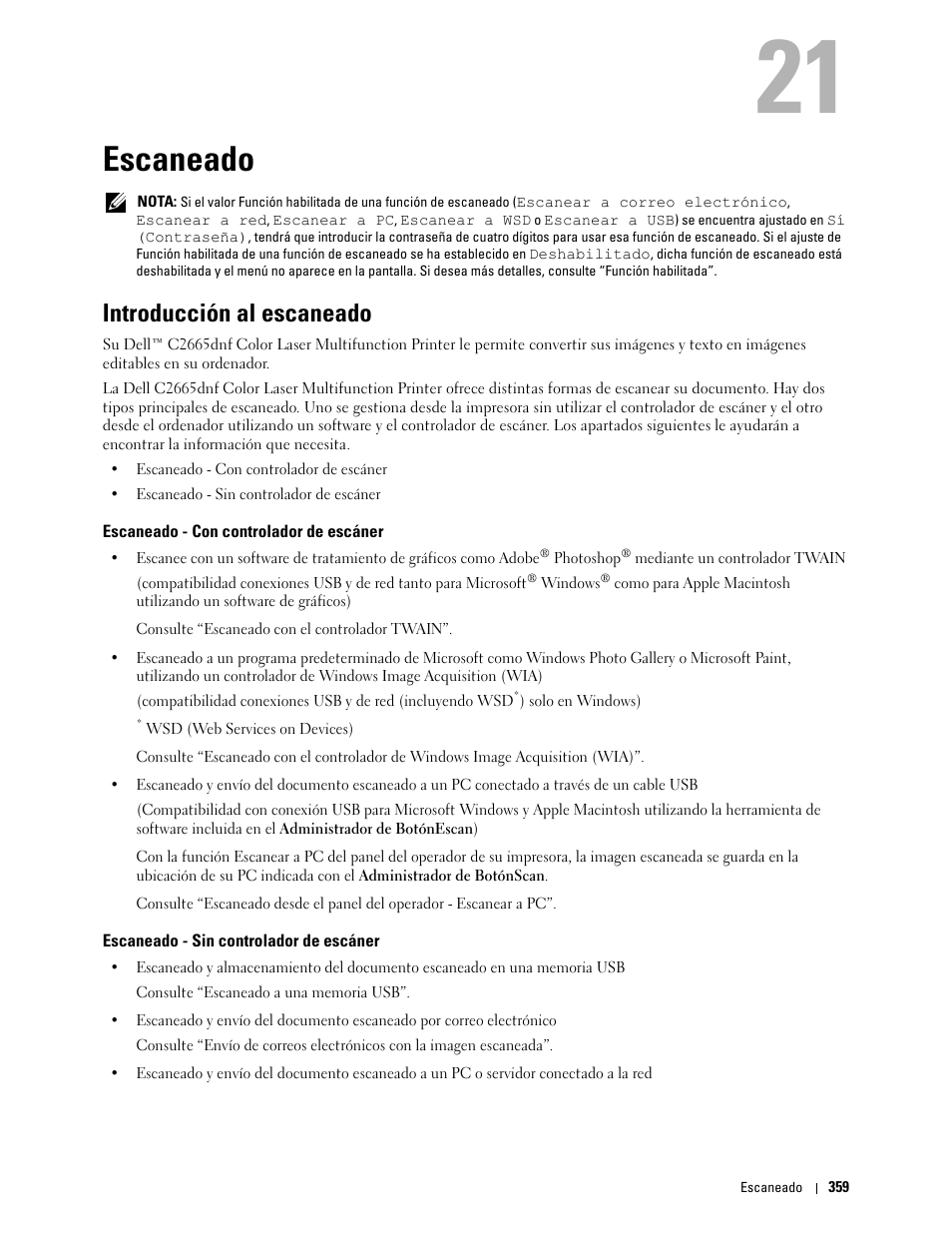 Escaneado, Introducción al escaneado, Escaneado - con controlador de escáner | Escaneado - sin controlador de escáner, 21 escaneado | Dell C2665dnf Color Laser Printer User Manual | Page 361 / 614