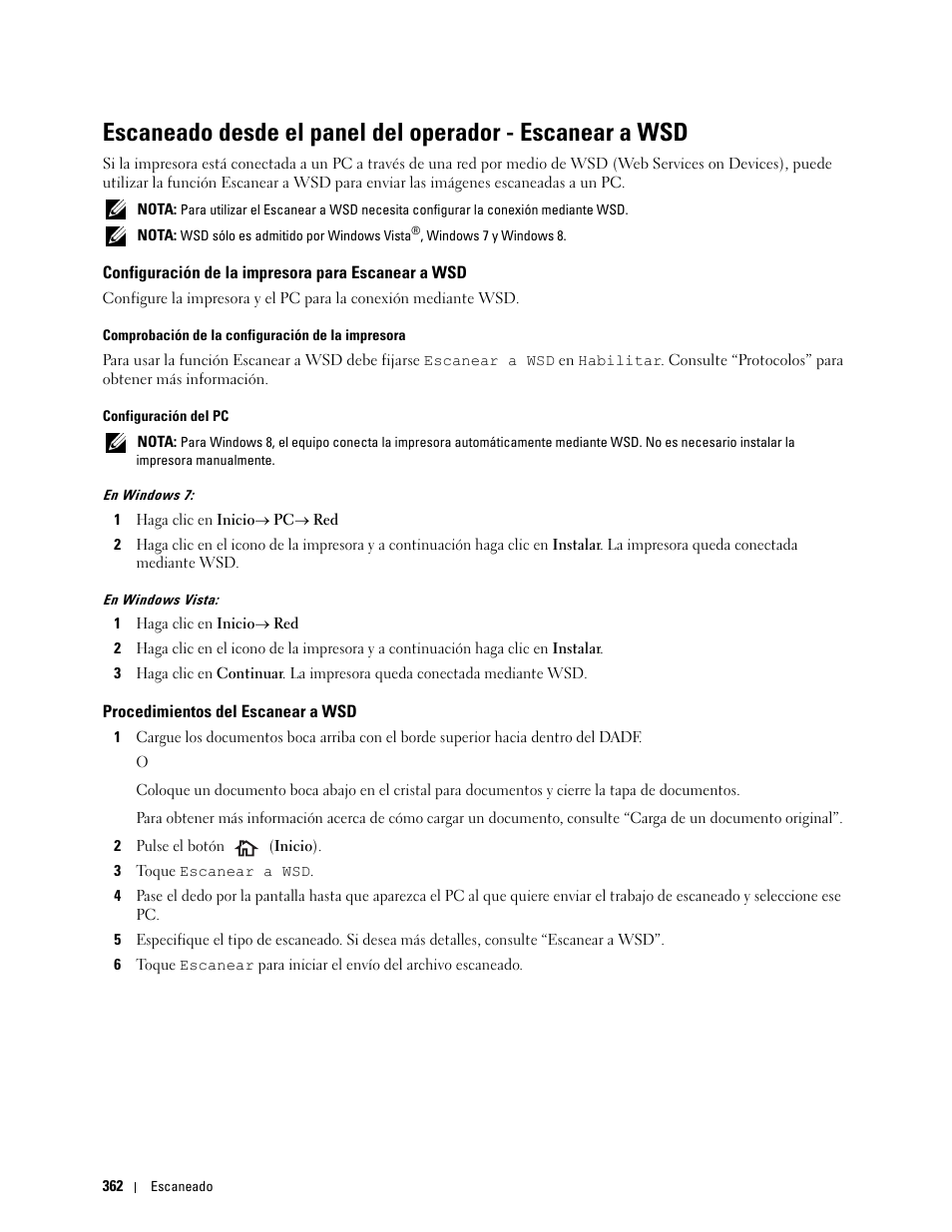 Configuración de la impresora para escanear a wsd, Procedimientos del escanear a wsd | Dell C2665dnf Color Laser Printer User Manual | Page 364 / 614