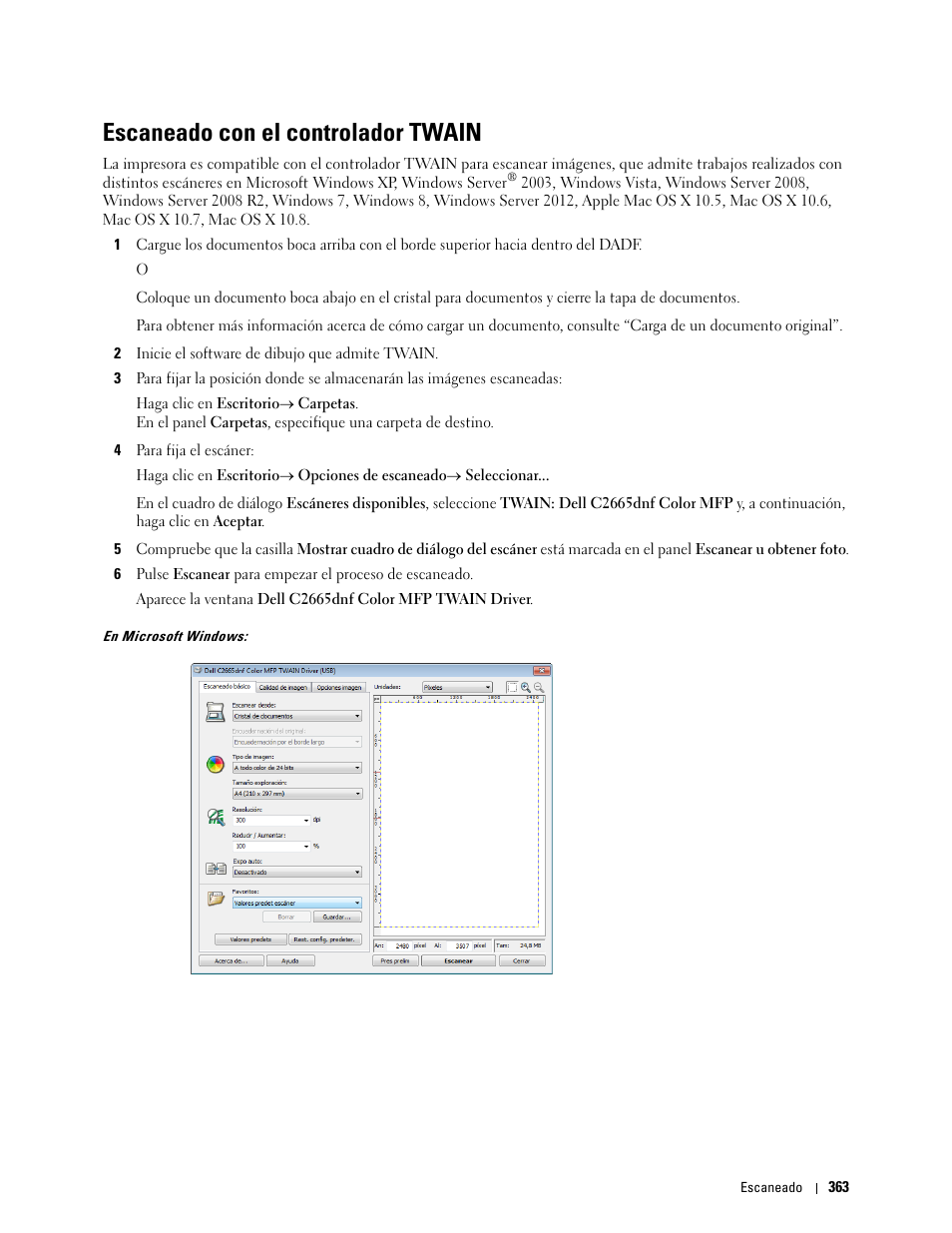 Escaneado con el controlador twain, Te “escaneado con el controlador twain | Dell C2665dnf Color Laser Printer User Manual | Page 365 / 614