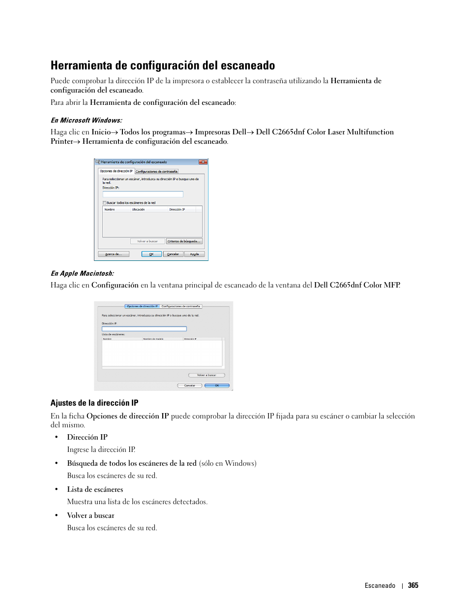 Herramienta de configuración del escaneado, Ajustes de la dirección ip | Dell C2665dnf Color Laser Printer User Manual | Page 367 / 614