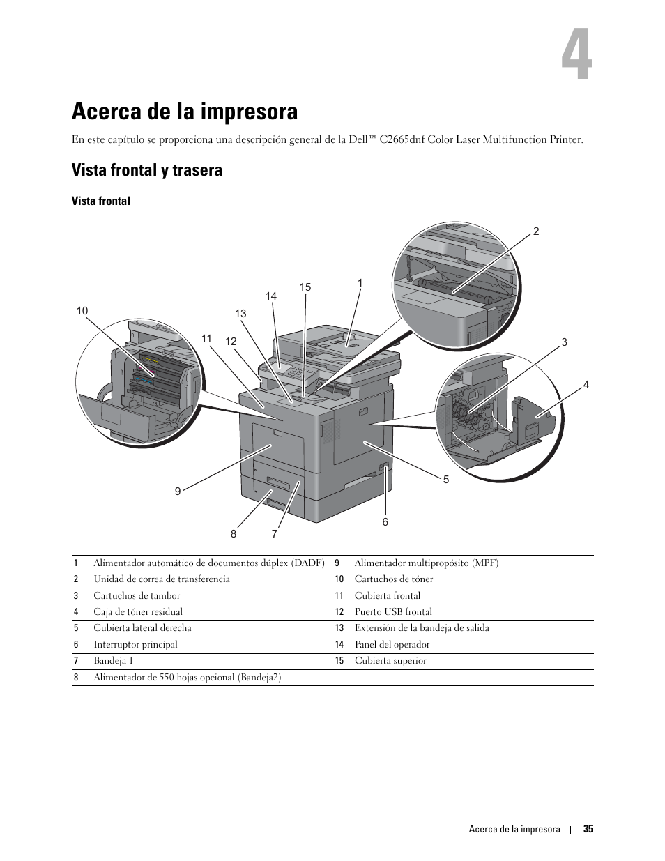 Acerca de la impresora, Vista frontal y trasera, Vista frontal | 4 acerca de la impresora | Dell C2665dnf Color Laser Printer User Manual | Page 37 / 614