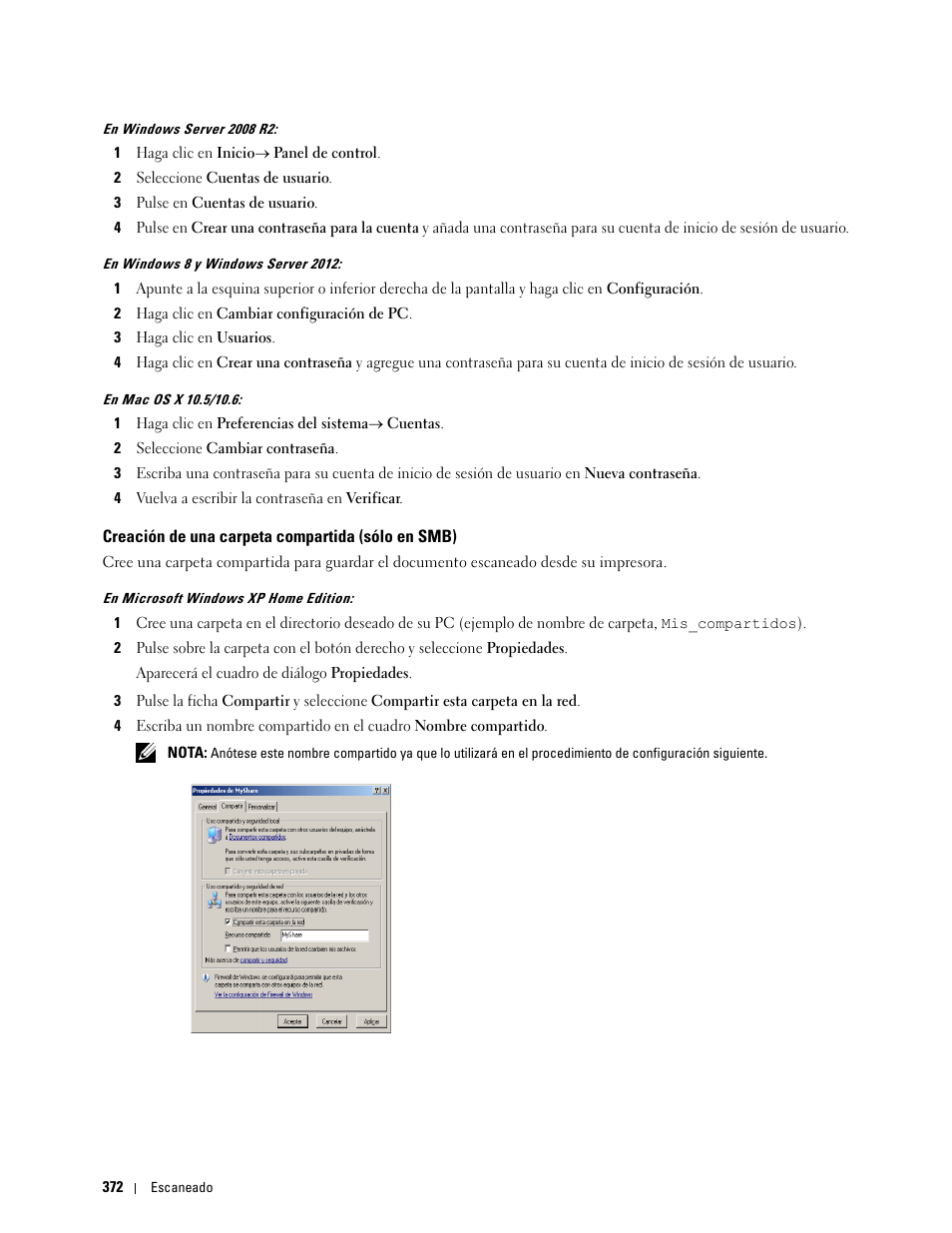 Creación de una carpeta compartida (sólo en smb) | Dell C2665dnf Color Laser Printer User Manual | Page 374 / 614