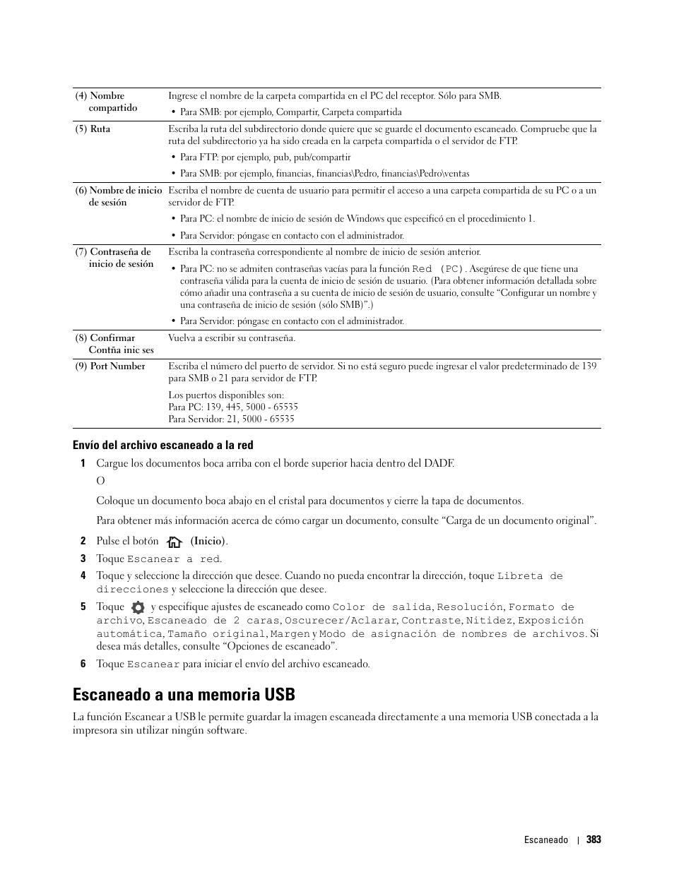 Envío del archivo escaneado a la red, Escaneado a una memoria usb, Escaneado a una memoria usb (escanear a | Te “escaneado a una memoria usb | Dell C2665dnf Color Laser Printer User Manual | Page 385 / 614