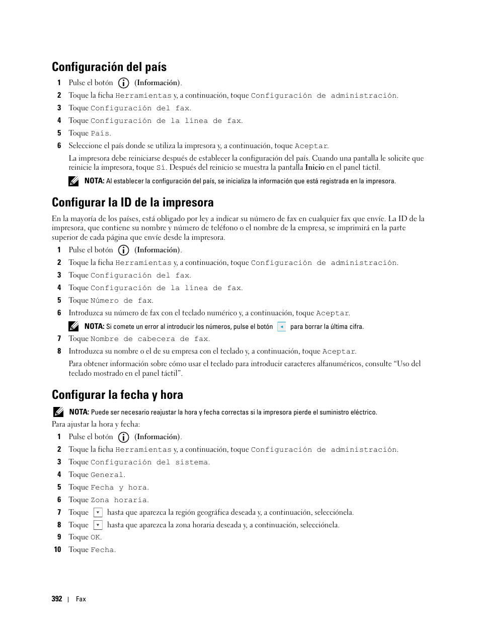 Configuración del país, Configurar la id de la impresora, Configurar la fecha y hora | Dell C2665dnf Color Laser Printer User Manual | Page 394 / 614