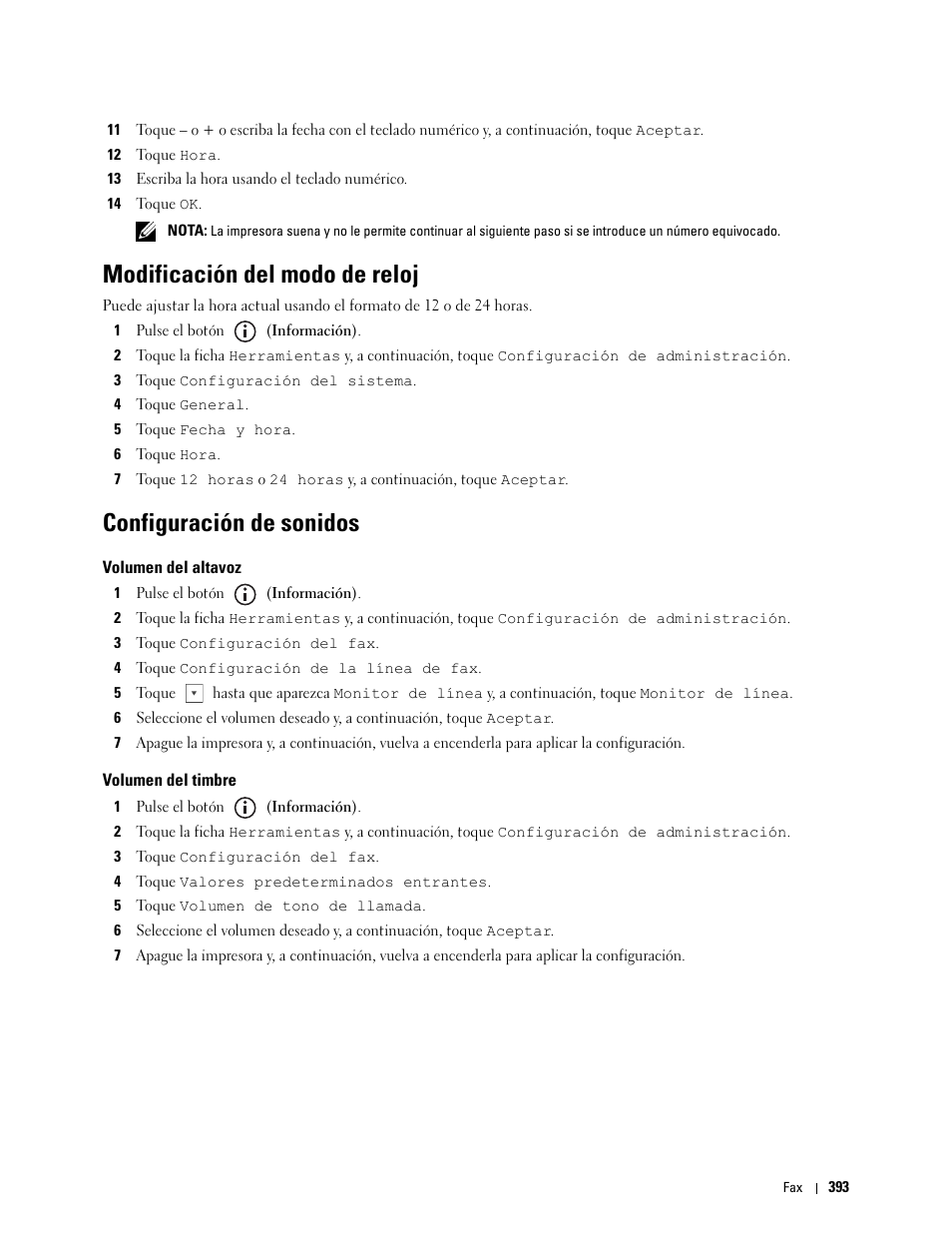 Modificación del modo de reloj, Configuración de sonidos, Volumen del altavoz | Volumen del timbre | Dell C2665dnf Color Laser Printer User Manual | Page 395 / 614