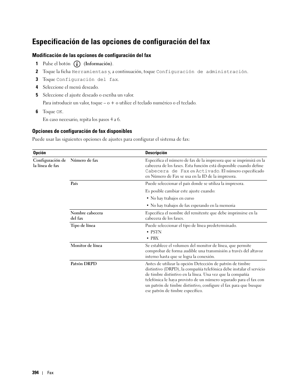 Opciones de configuración de fax disponibles | Dell C2665dnf Color Laser Printer User Manual | Page 396 / 614