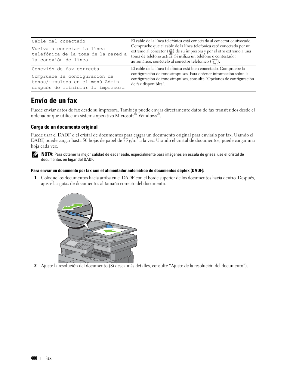 Envío de un fax, Carga de un documento original | Dell C2665dnf Color Laser Printer User Manual | Page 402 / 614