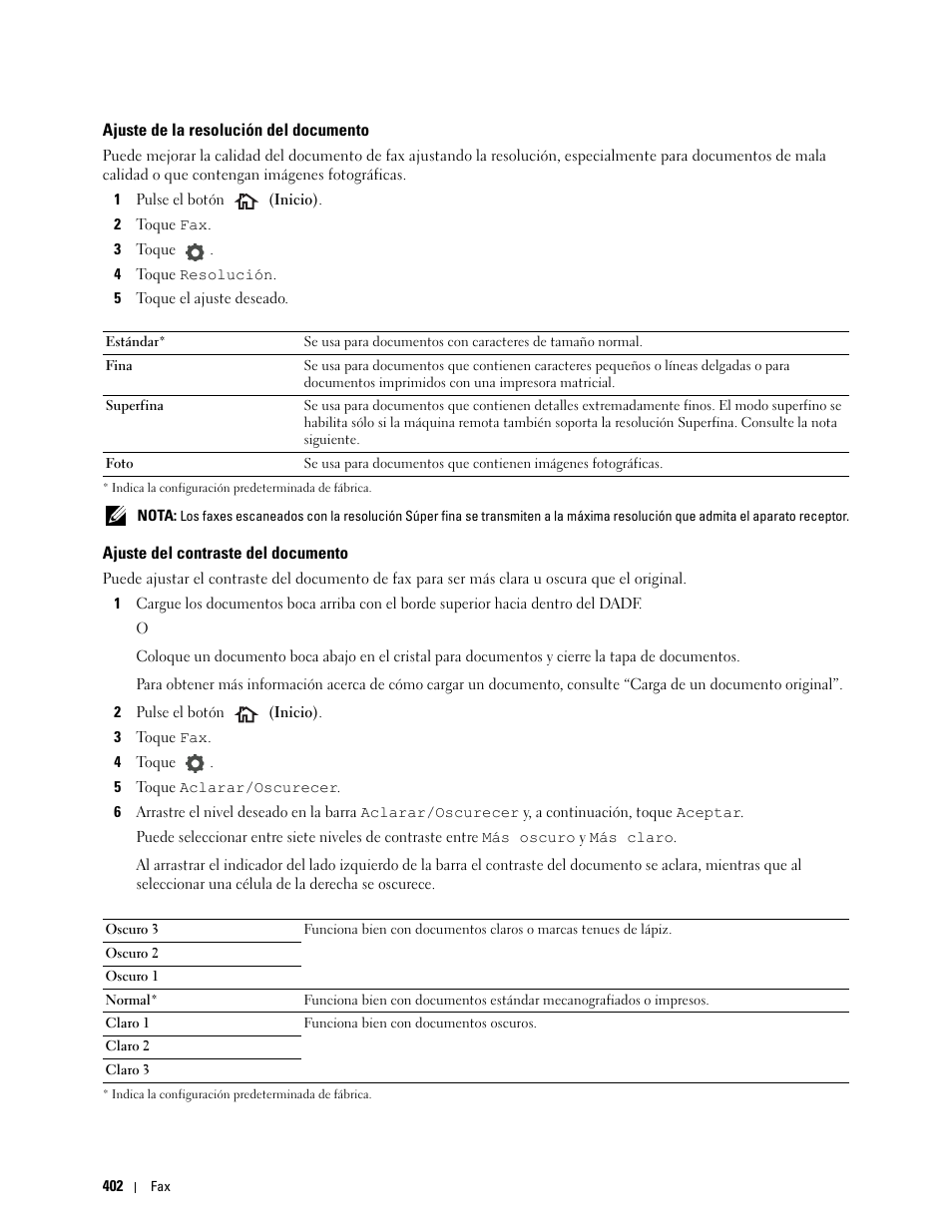 Ajuste de la resolución del documento, Ajuste del contraste del documento | Dell C2665dnf Color Laser Printer User Manual | Page 404 / 614