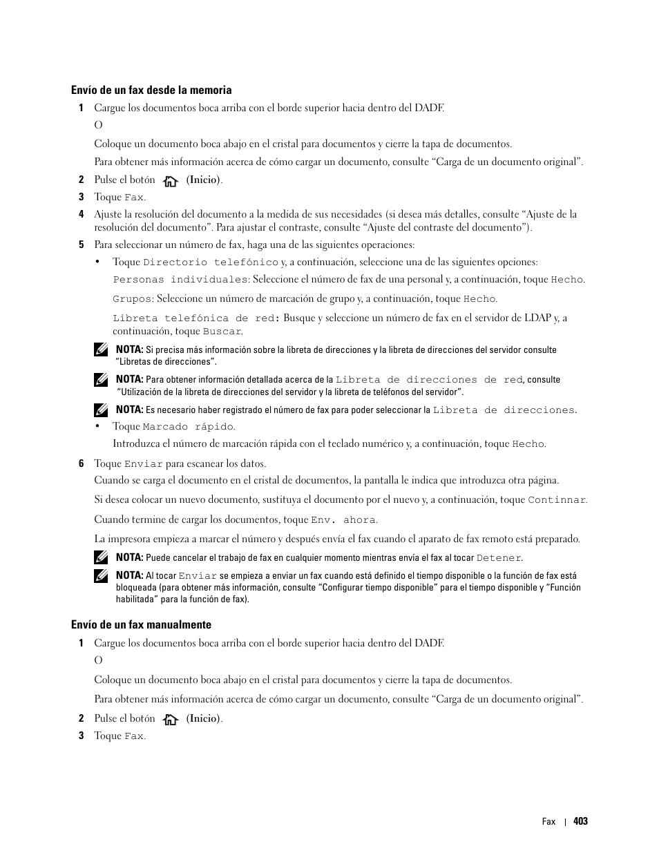 Envío de un fax desde la memoria, Envío de un fax manualmente | Dell C2665dnf Color Laser Printer User Manual | Page 405 / 614