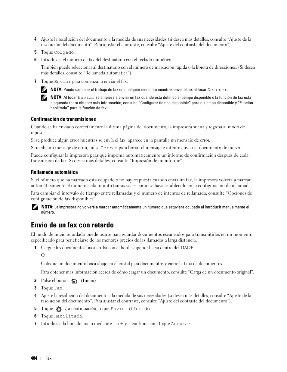 Confirmación de transmisiones, Rellamada automática, Envío de un fax con retardo | Dell C2665dnf Color Laser Printer User Manual | Page 406 / 614