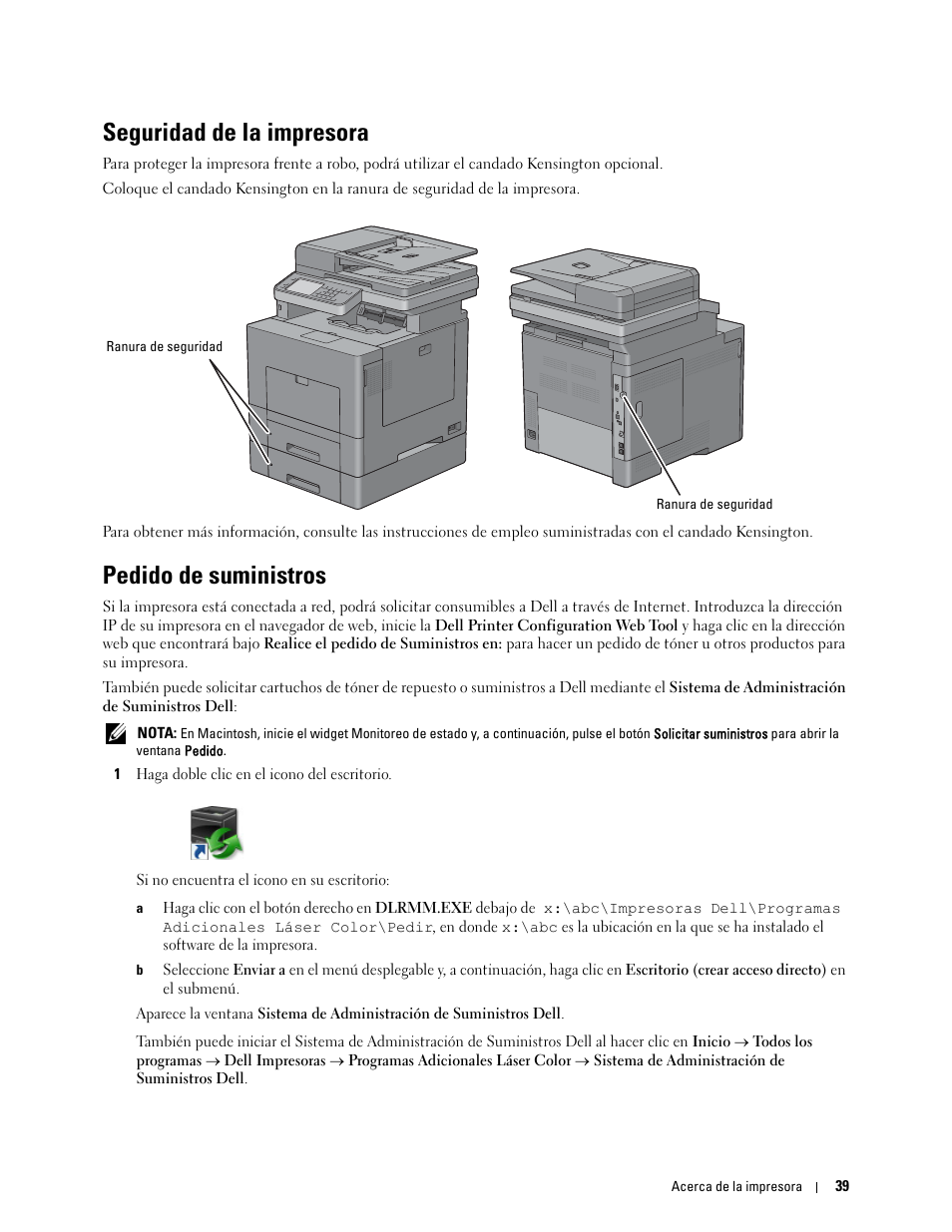 Seguridad de la impresora, Pedido de suministros | Dell C2665dnf Color Laser Printer User Manual | Page 41 / 614