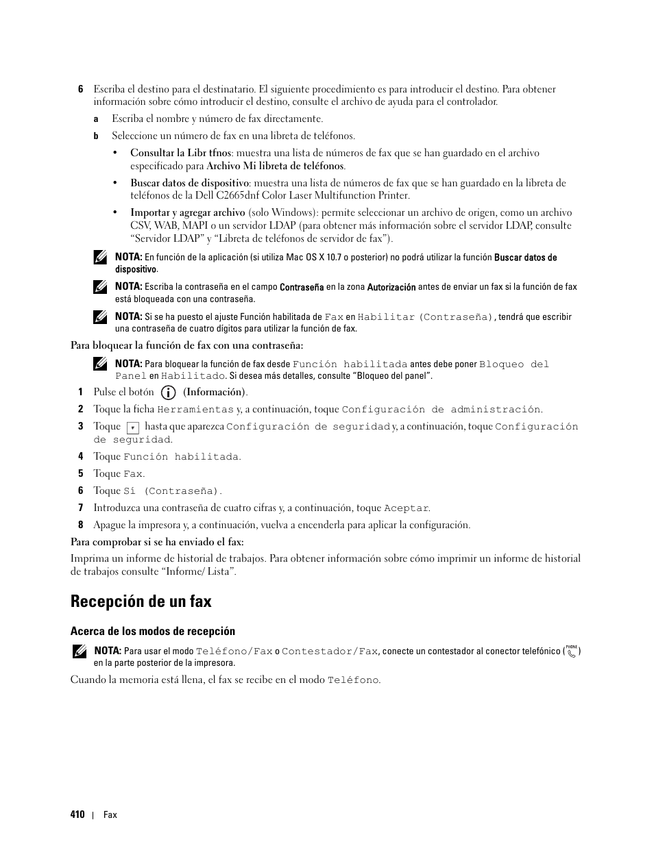 Recepción de un fax, Acerca de los modos de recepción | Dell C2665dnf Color Laser Printer User Manual | Page 412 / 614