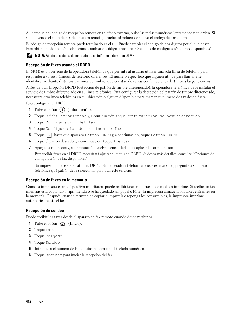 Recepción de faxes usando el drpd, Recepción de faxes en la memoria, Recepción de sondeo | Dell C2665dnf Color Laser Printer User Manual | Page 414 / 614