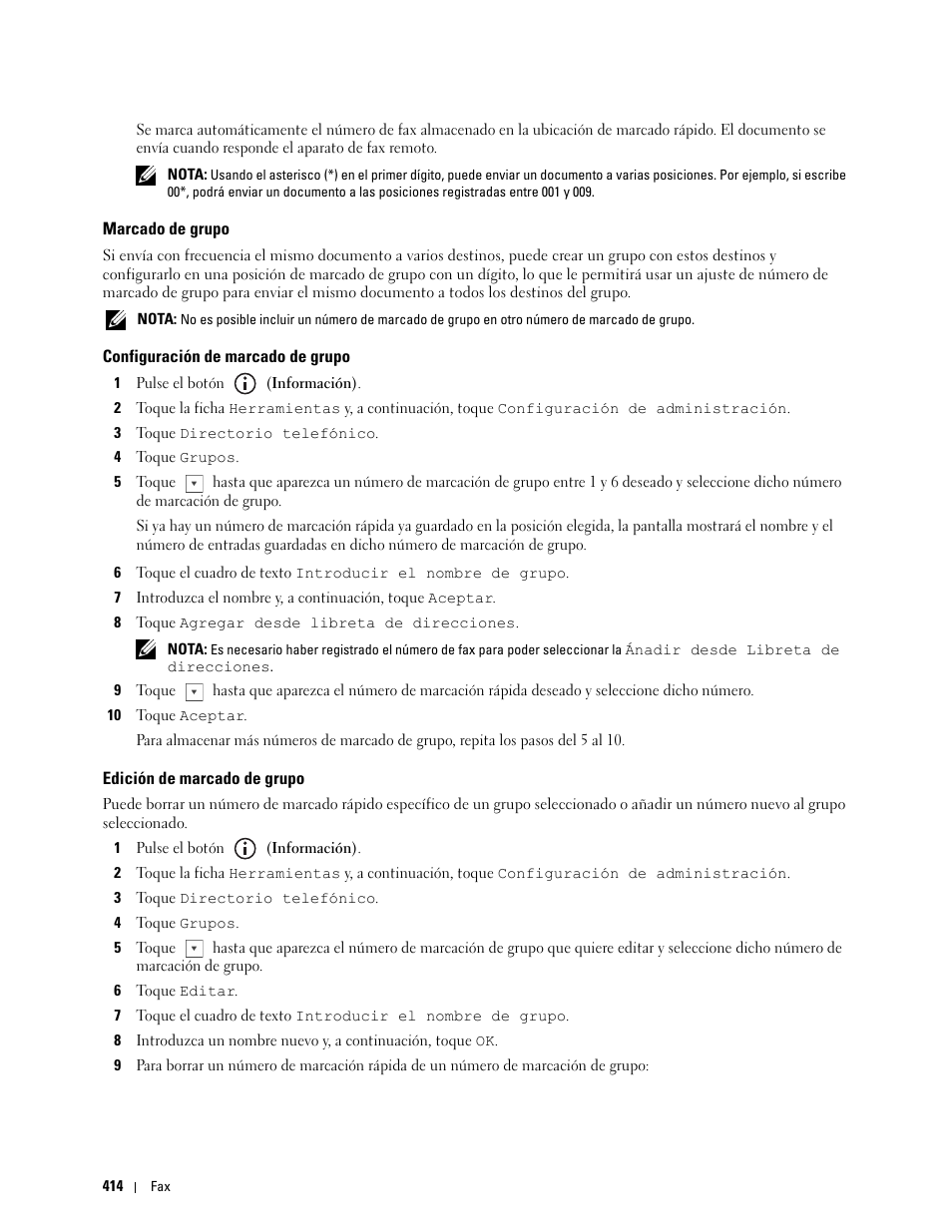 Marcado de grupo, Configuración de marcado de grupo, Edición de marcado de grupo | Dell C2665dnf Color Laser Printer User Manual | Page 416 / 614