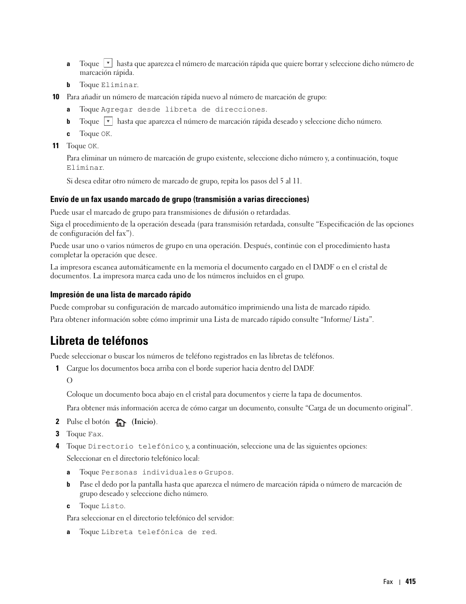 Impresión de una lista de marcado rápido, Libreta de teléfonos, Direcciones) | Dell C2665dnf Color Laser Printer User Manual | Page 417 / 614