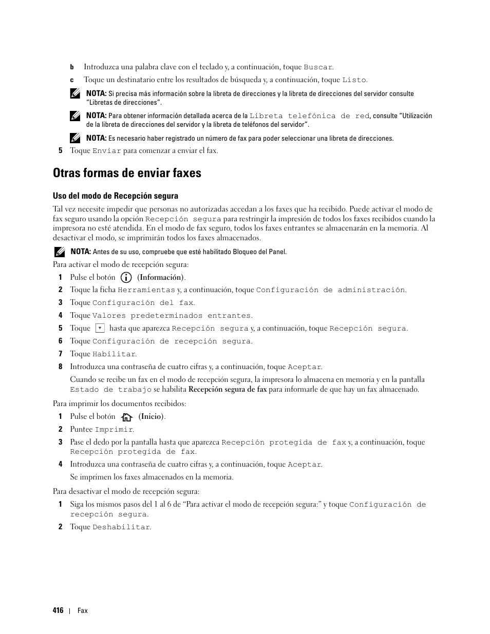 Otras formas de enviar faxes, Uso del modo de recepción segura | Dell C2665dnf Color Laser Printer User Manual | Page 418 / 614