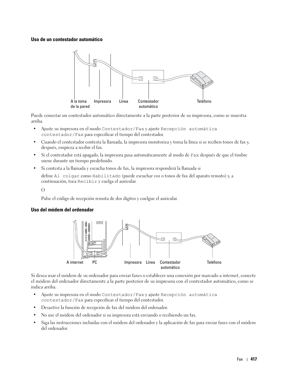 Uso de un contestador automático, Uso del módem del ordenador | Dell C2665dnf Color Laser Printer User Manual | Page 419 / 614