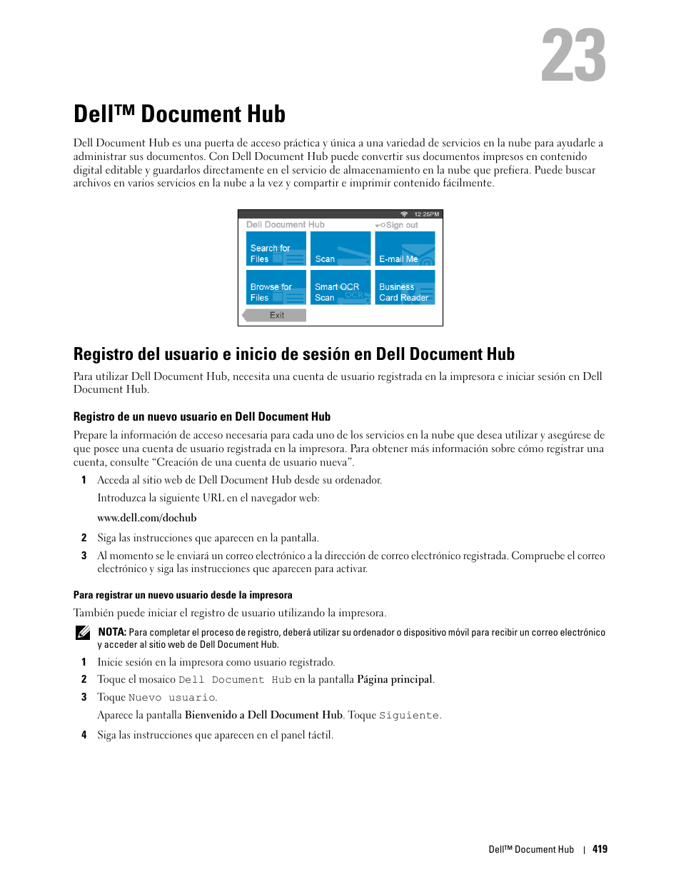 Dell™ document hub, Registro de un nuevo usuario en dell document hub, 23 dell™ document hub | Dell C2665dnf Color Laser Printer User Manual | Page 421 / 614