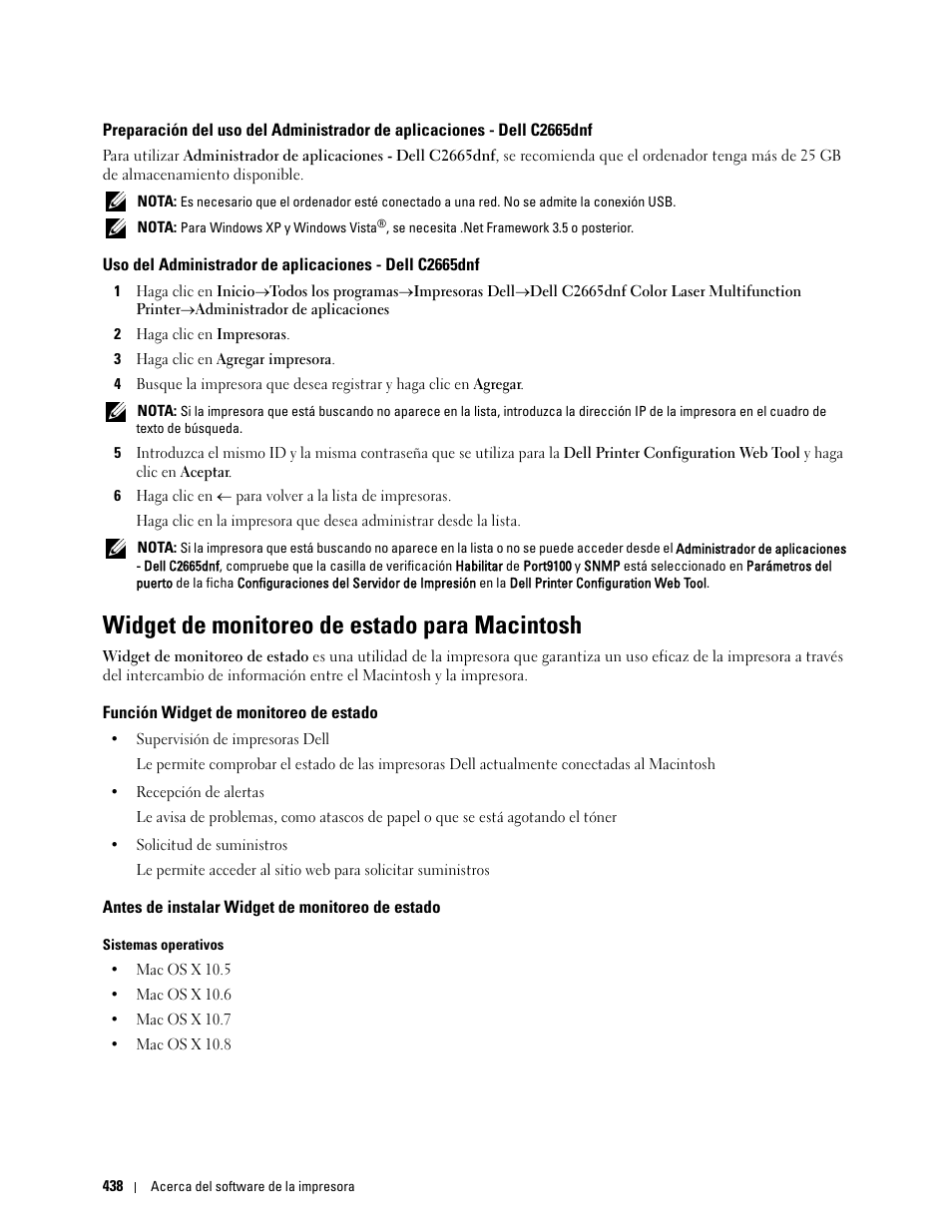 Widget de monitoreo de estado para macintosh, Función widget de monitoreo de estado, Antes de instalar widget de monitoreo de estado | Dell C2665dnf Color Laser Printer User Manual | Page 440 / 614