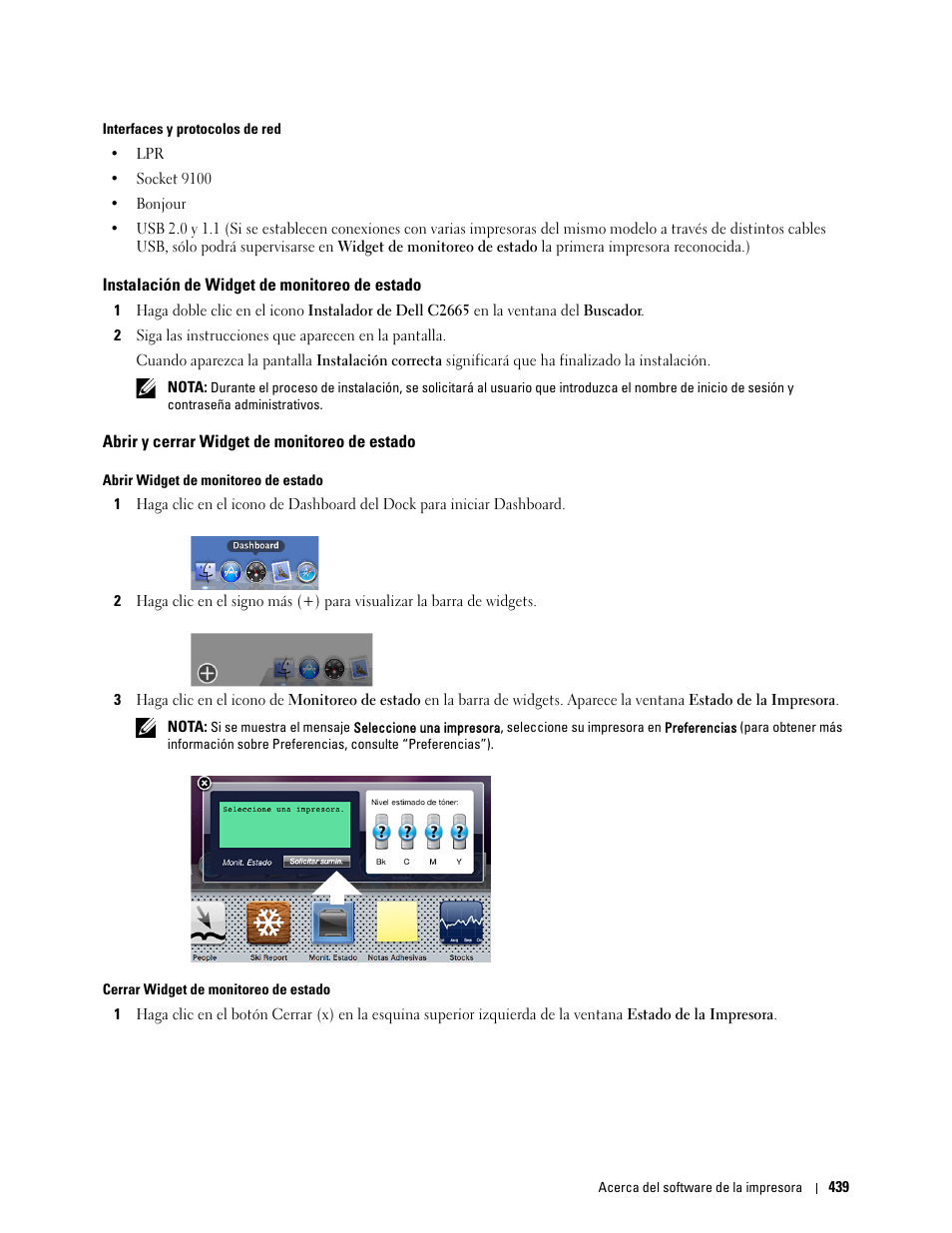 Instalación de widget de monitoreo de estado, Abrir y cerrar widget de monitoreo de estado | Dell C2665dnf Color Laser Printer User Manual | Page 441 / 614