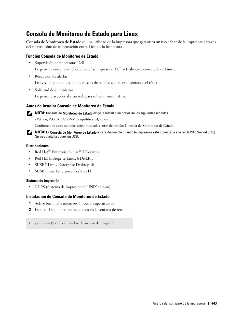 Consola de monitoreo de estado para linux, Función consola de monitoreo de estado, Antes de instalar consola de monitoreo de estado | Instalación de consola de monitoreo de estado | Dell C2665dnf Color Laser Printer User Manual | Page 445 / 614