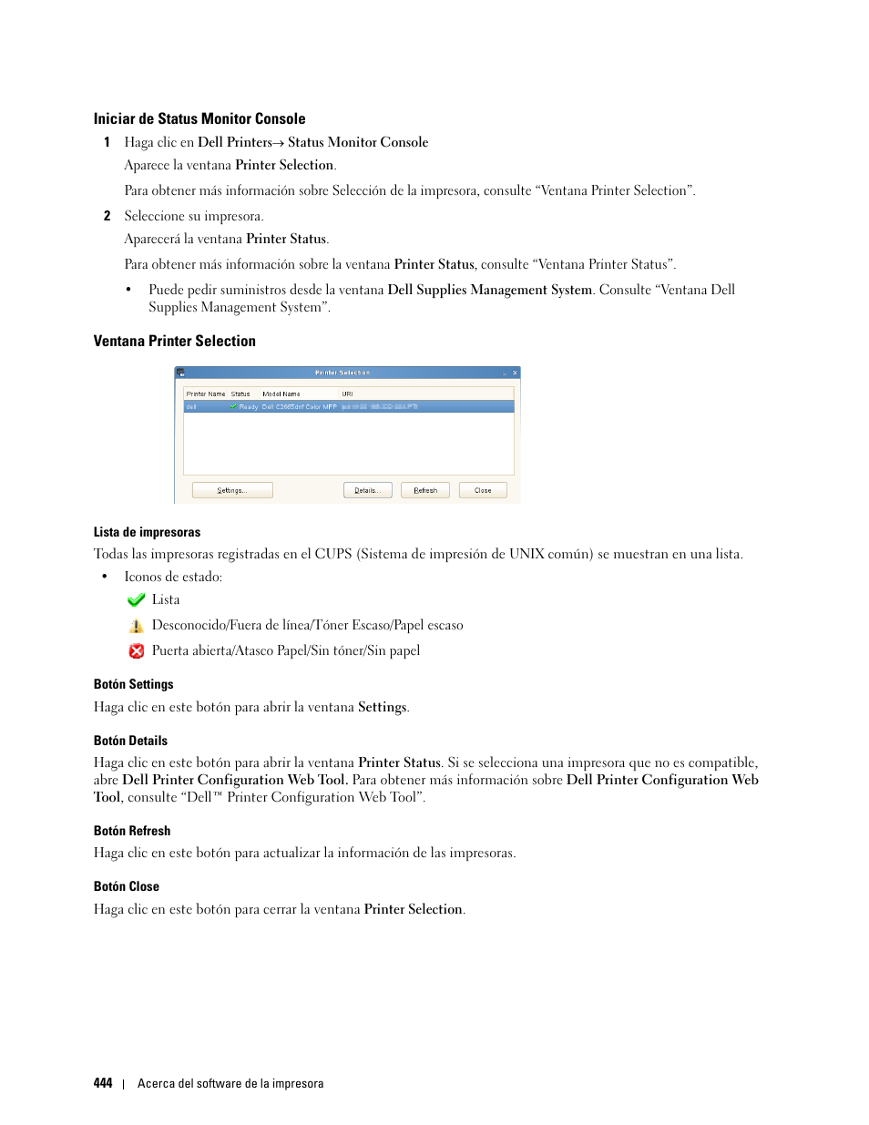 Iniciar de status monitor console, Ventana printer selection | Dell C2665dnf Color Laser Printer User Manual | Page 446 / 614