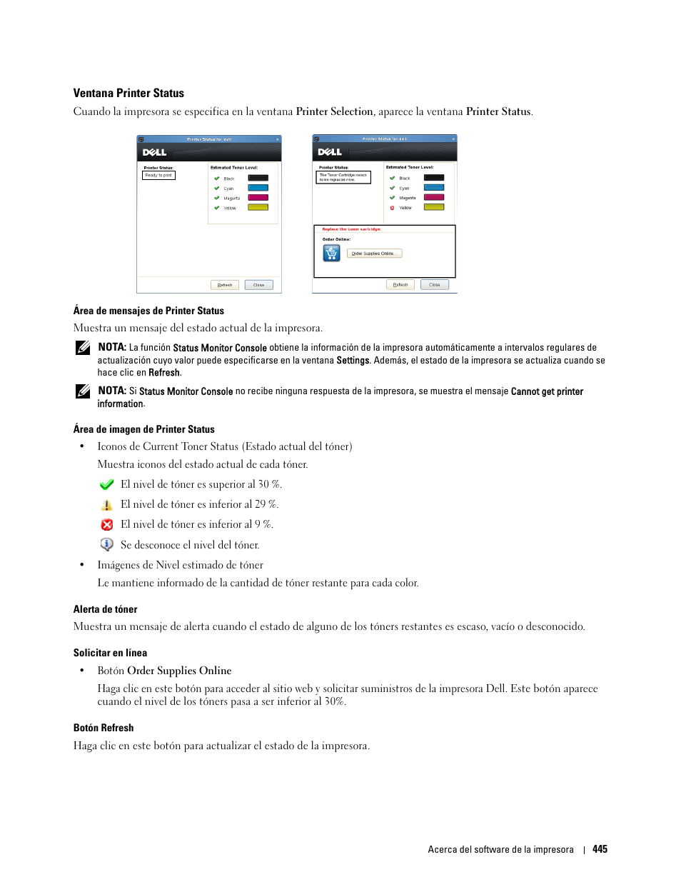 Ventana printer status, Nsulte “ventana printer status | Dell C2665dnf Color Laser Printer User Manual | Page 447 / 614