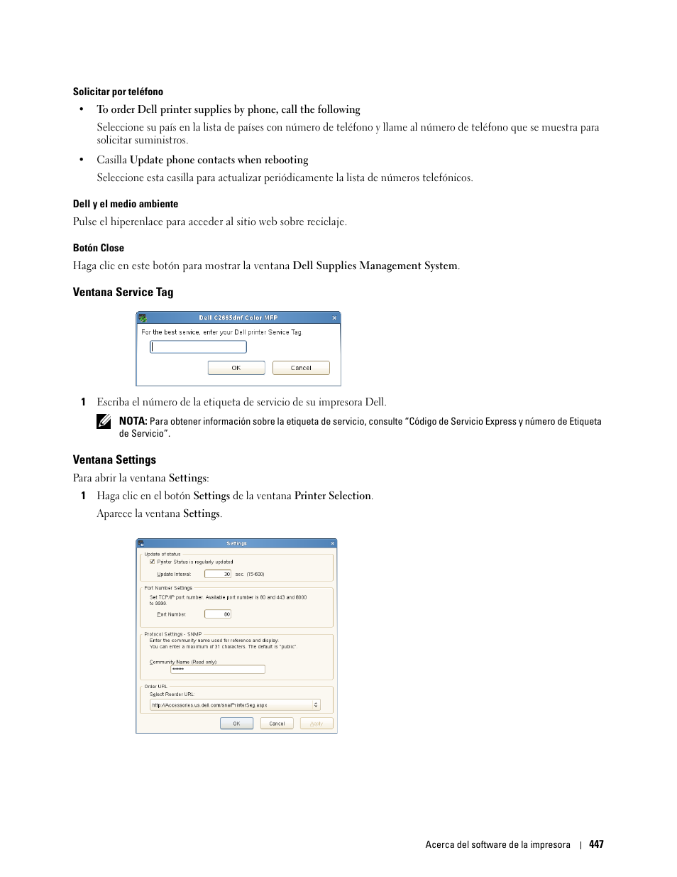 Ventana service tag, Ventana settings | Dell C2665dnf Color Laser Printer User Manual | Page 449 / 614