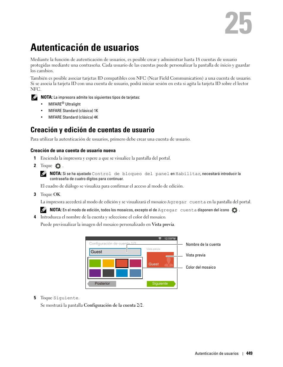 Autenticación de usuarios, Creación y edición de cuentas de usuario, Creación de una cuenta de usuario nueva | 25 autenticación de usuarios | Dell C2665dnf Color Laser Printer User Manual | Page 451 / 614