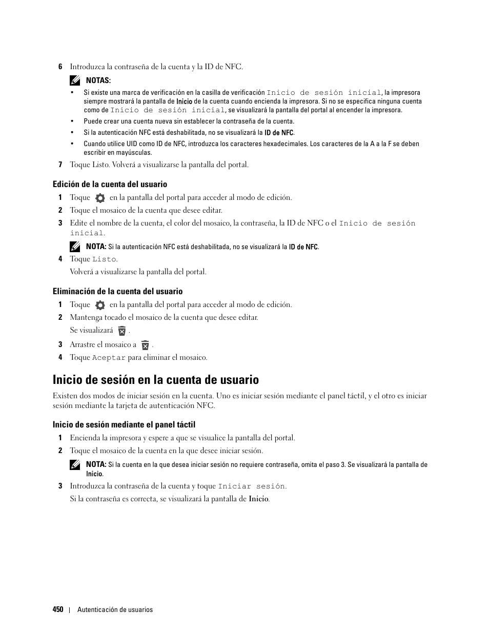 Edición de la cuenta del usuario, Eliminación de la cuenta del usuario, Inicio de sesión en la cuenta de usuario | Inicio de sesión mediante el panel táctil | Dell C2665dnf Color Laser Printer User Manual | Page 452 / 614