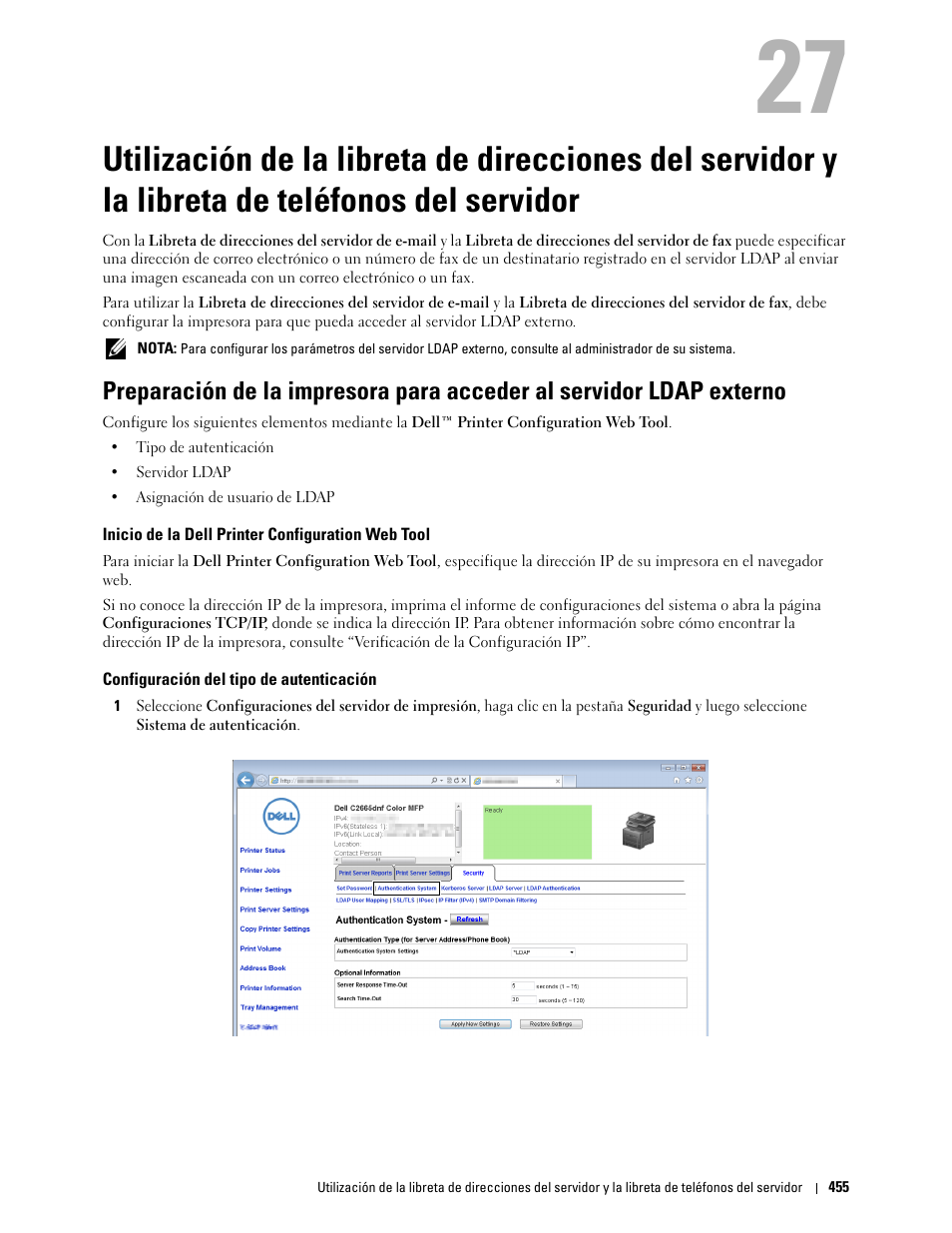 Inicio de la dell printer configuration web tool, Configuración del tipo de autenticación, Libreta de teléfonos del servidor | Consulte “utilización, De teléfonos del servidor | Dell C2665dnf Color Laser Printer User Manual | Page 457 / 614