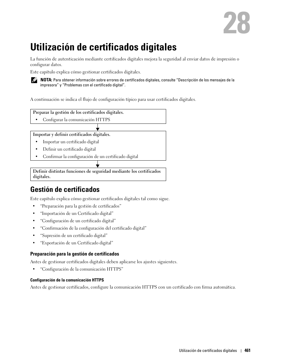 Utilización de certificados digitales, Gestión de certificados, Preparación para la gestión de certificados | 28 utilización de certificados digitales | Dell C2665dnf Color Laser Printer User Manual | Page 463 / 614