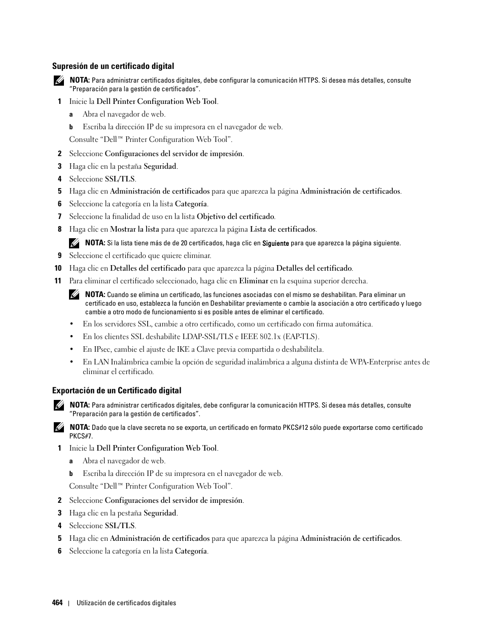 Supresión de un certificado digital, Exportación de un certificado digital | Dell C2665dnf Color Laser Printer User Manual | Page 466 / 614